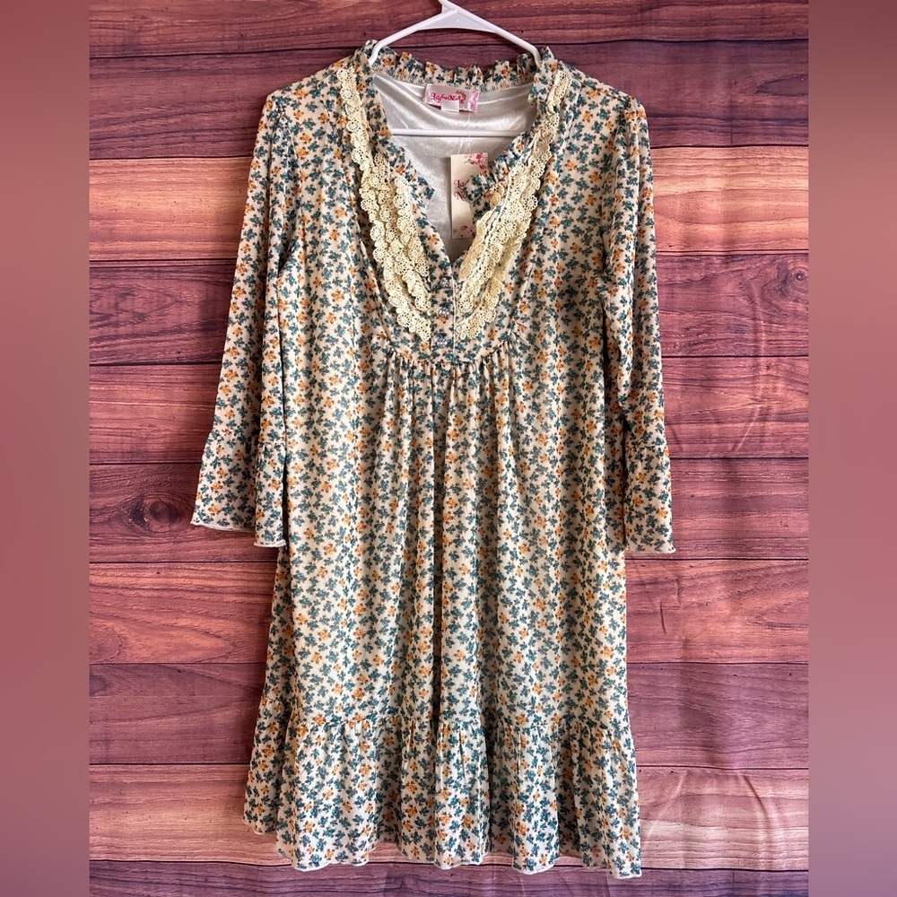Lady Noiz Floral Boho Shift Dress Blue Yellow Lace Trim Ruffle Hem EMCA059 L